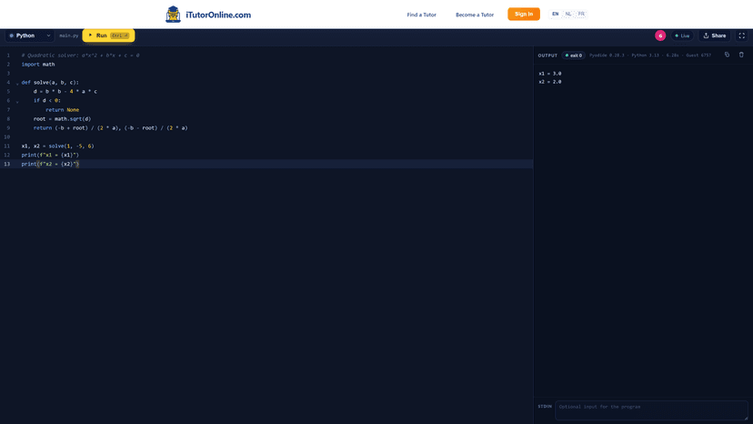 iTutorOnline collaborative code editor running Python with live output