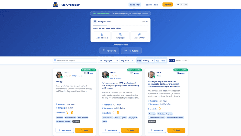 iTutorOnline find-a-tutor page with search, filters, and tutor listings