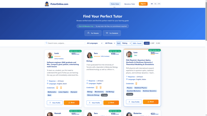 iTutorOnline find-a-tutor page with search, filters, and tutor listings