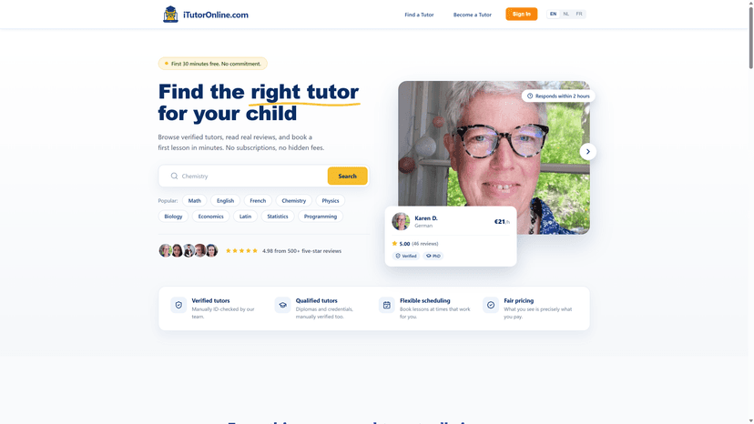 iTutorOnline homepage with tutor search and verified tutor cards