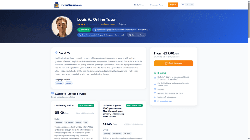 iTutorOnline tutor profile showing ID-verified credentials, reviews, and pricing