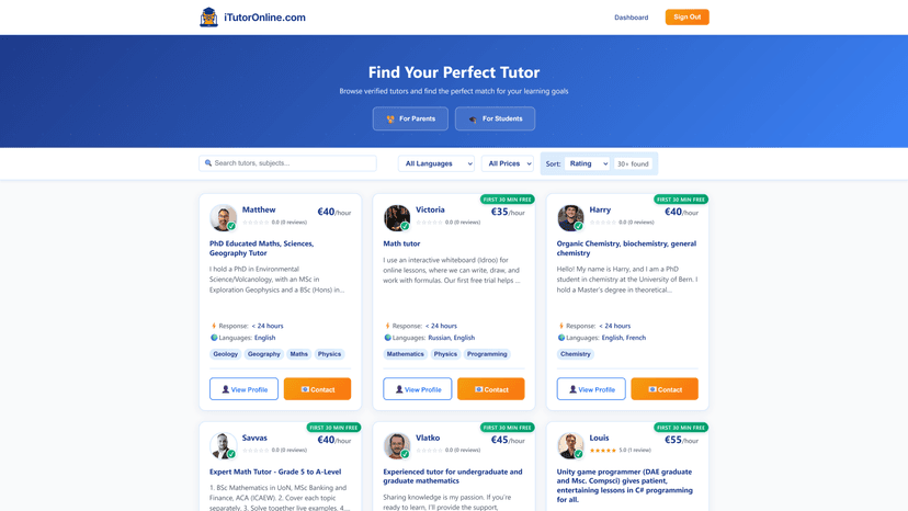iTutorOnline Tutor Search Interface
