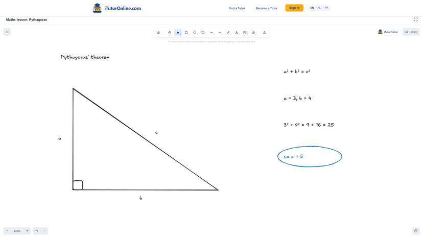 iTutorOnline whiteboard with a worked Pythagoras example from a maths lesson